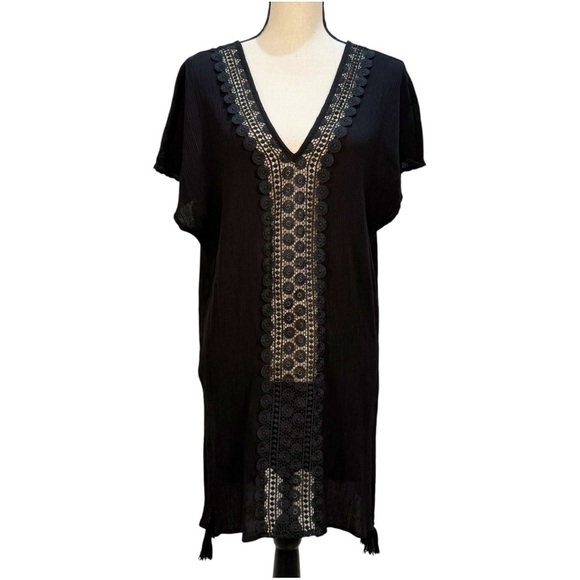 Kona Sol Black Swim Cover-Up palm leaf sheer maxi length - Picture 2 of 11